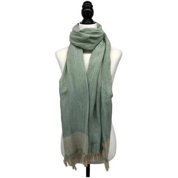 AJ Armani Jeans Unisex Sage Green & Cream Color Block Scarf with Tassels - Picture 1 of 13